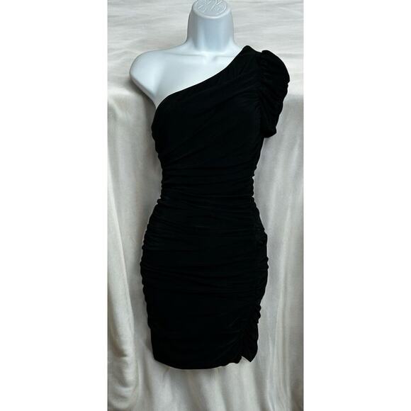 Twenty One Black Ruched Dress Sz M One Short Sleeve Fitted Mini Party Evening - Picture 3 of 7